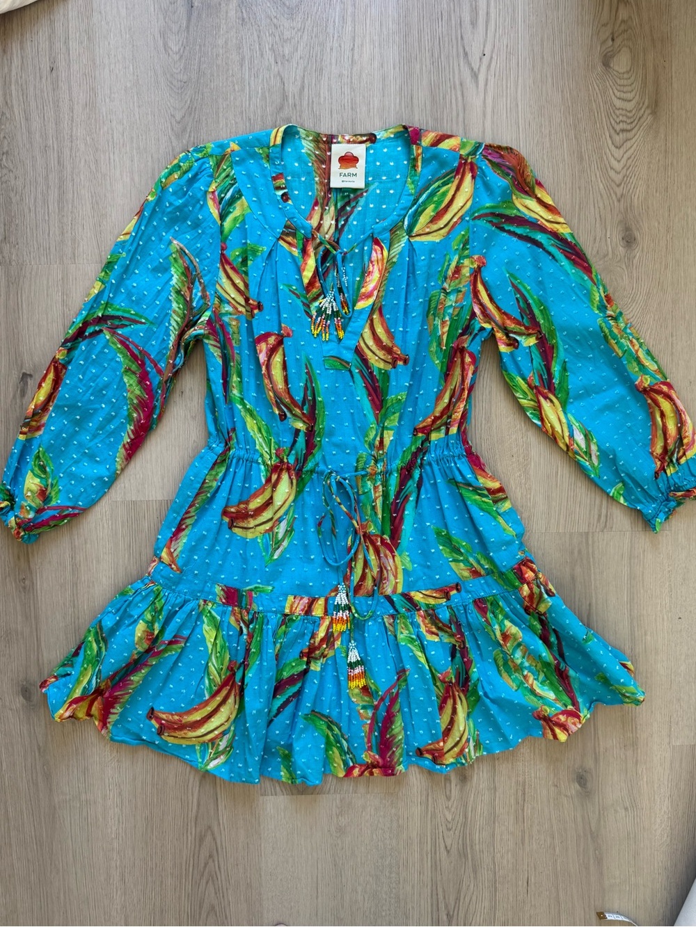 EUC FARM Rio Teal Bright Blue Banana Tropical Print Mini Dress Size XS